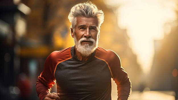 Mann geht joggen Der alte Mann lebt morgens auf der Straße der Stadt ein gesundes Leben für ein langes Leben
