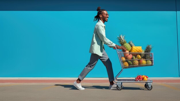 Foto mann geht mit einem einkaufswagen voller lebensmittel die straße entlang