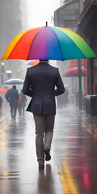 Foto mann geht mit einem regenbogenfarbenen regenschirm die straße entlang