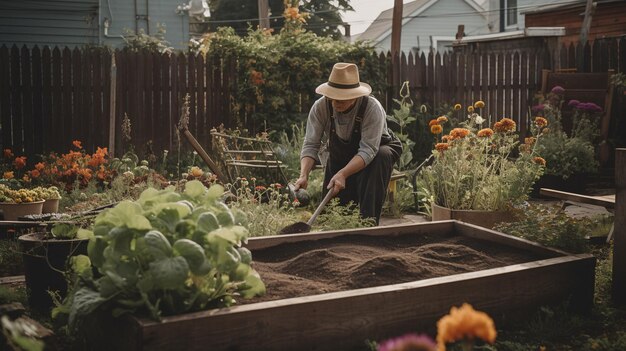 Mann gräbt im Garten mit Schaufel Generative KI