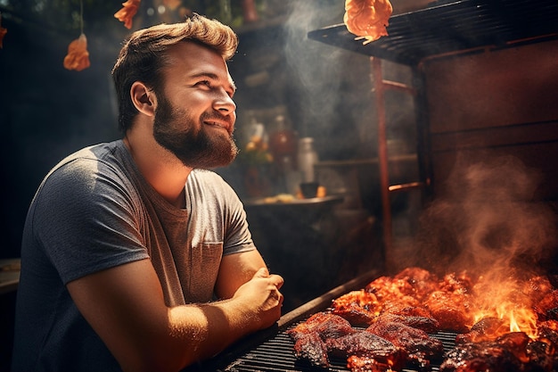 Foto mann grillt fleisch auf einem grillfest