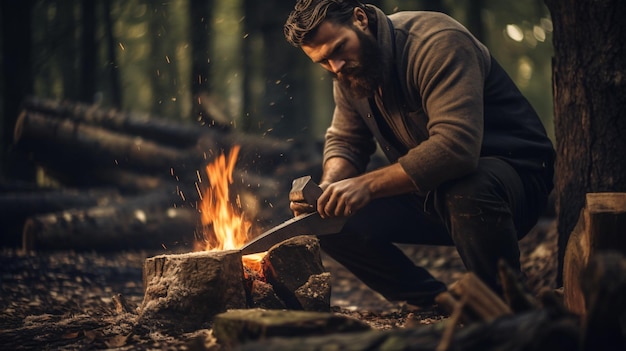 Mann hackt Holzstämme mit Axt im Wald