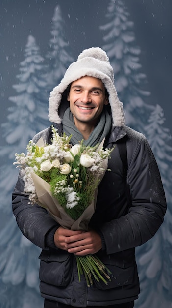 Mann hält Blumenstrauß Florist im Winter