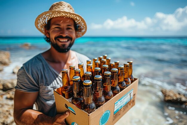 Mann hält eine Beutel mit Bierflaschen am Strand