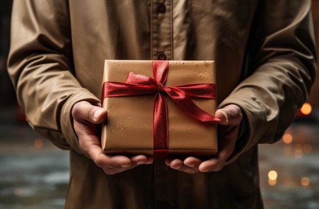 Mann hält eine Weihnachtsgeschenkkiste mit rotem Band auf Bokeh-Hintergrund