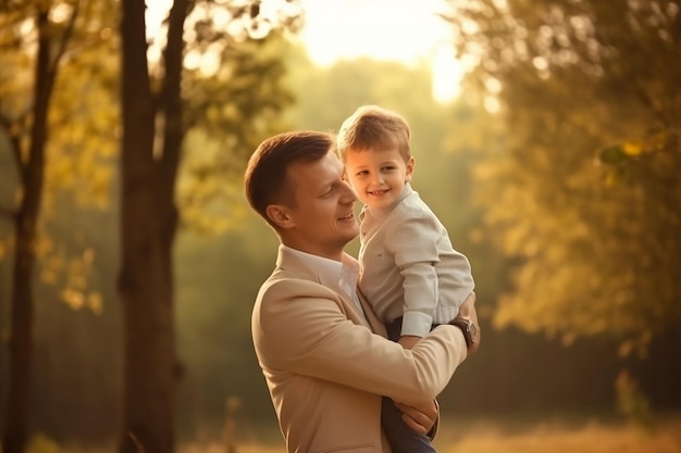 Mann hält einen Jungen in seinen Armen in einem Park Vatertag