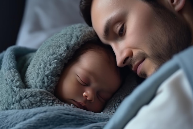 Mann hält entzückendes Baby in der Hand, eingewickelt in eine blaue Decke. Generative KI