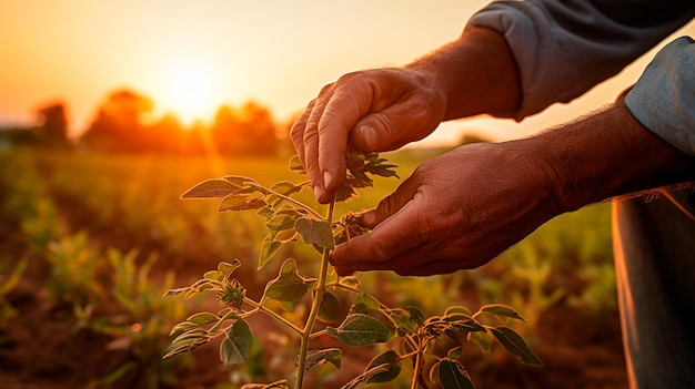 Mann hält Händchen mit grüner Pflanze im Sonnenuntergang Landwirtschaft, Gartenarbeit und Landwirtschaftskonzept Generative KI