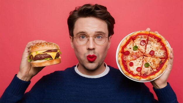 Mann hält Hamburger und Pizza, drückt Lippen, trägt eine runde Brille und einen Pullover.