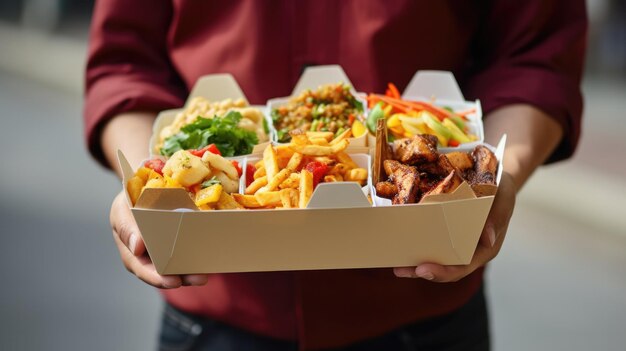 Foto mann hält verschiedene papierbehälter für takeaway-lebensmittel street food oder fast-food-konzept