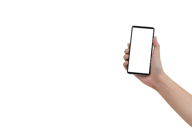 Mann Hand halten Smartphone mit leerer Bildschirmanzeige isoliert auf weißem Hintergrund