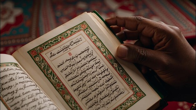 Mann, Hand hoch, Koran-Beleuchtung aus der Nähe