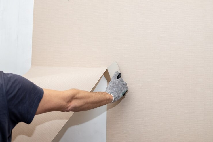 Mann Hand reißen alte leichte Tapete von der Wand ab. Vorbereitung für Reparaturarbeiten zu Hause. Entfernen der Tapete mit einem Spatel, der Prozess der Aktualisierung der Wandraumreparatur. Speicherplatz kopieren