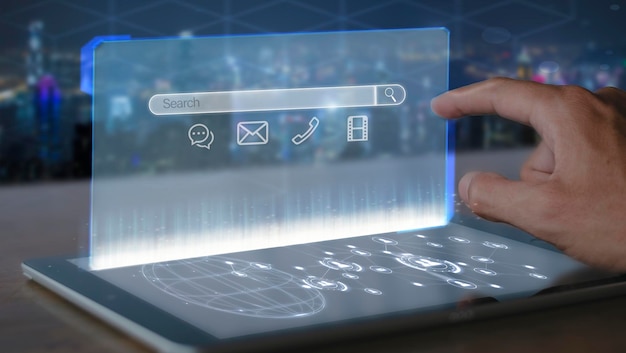 Mann Hand verwenden Finger berühren virtuellen digitalen Bildschirm Suchleiste conn