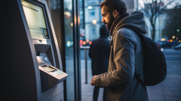 Foto mann hebt geld an einem geldautomaten in der stadt ab, erstellt mit generativer ki-technologie