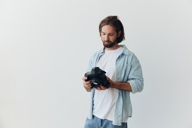 Mann-Hipster-Fotograf in einem Studio auf weißem Hintergrund, der auf den Kamerabildschirm blickt und ihn für ein Fotoshooting einrichtet