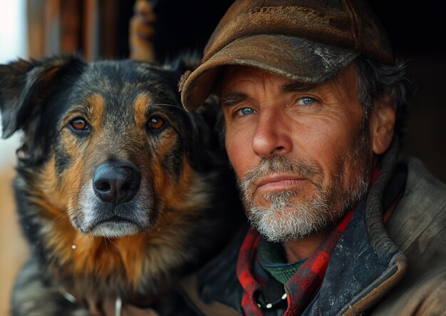 Mann Hund sitzt zusammen robust Porträt Augen Teleobjektiv naturalistische Technik zwei Modelle Rahmen