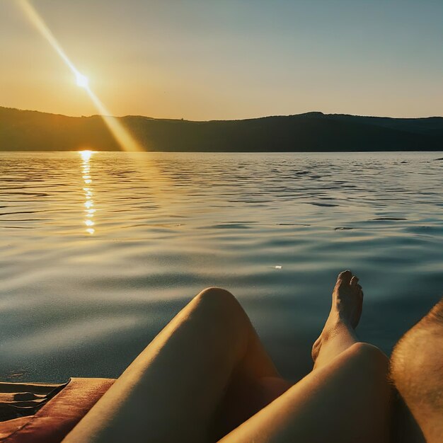 Foto mann im badeanzug entspannt sich beim sonnenuntergang