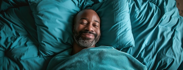 Mann im Bett mit blauer Decke