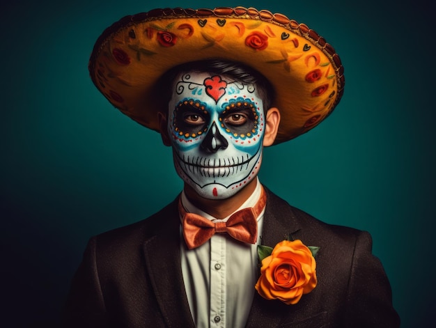 Mann im Day of the Dead-Makeup mit spielerischer Pose