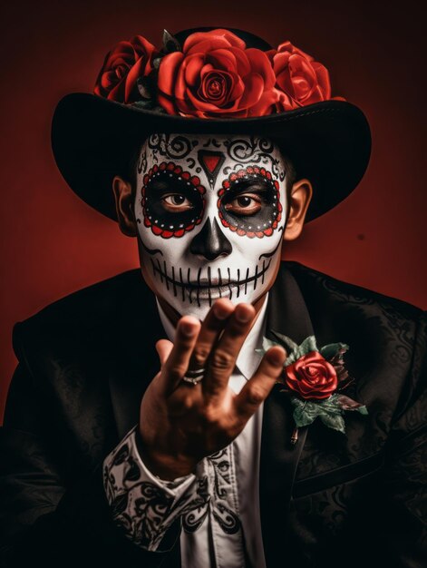 Mann im Day of the Dead-Makeup mit spielerischer Pose