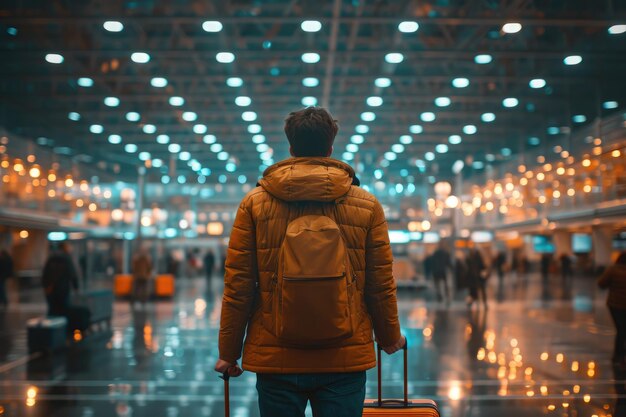 Mann im Flughafenterminal mit seinen Taschen Generative Ai