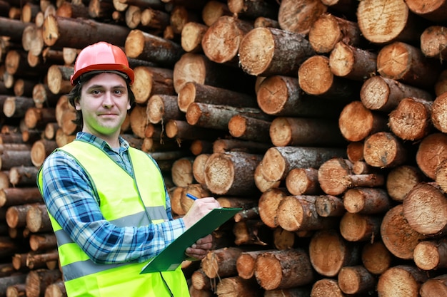 Mann im Helm Arbeiter Holz Bauholz