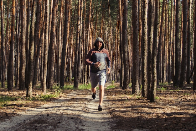 Mann im Hoodie hat Training in einem Kiefernwald