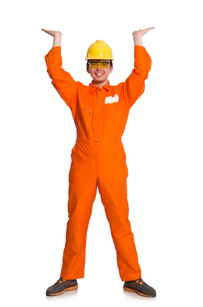 Mann im orange Overall lokalisiert auf Weiß