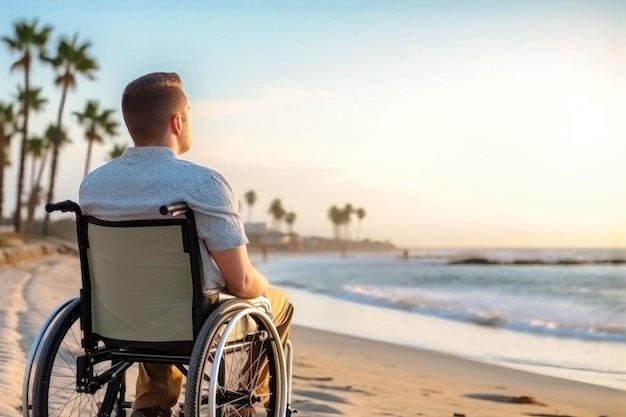 Mann im Rollstuhl blickt auf das Meer