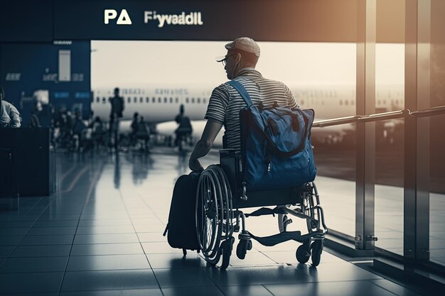 Mann im rollstuhl rollt mit gepäck und rucksack auf dem rücken an der  sicherheitskontrolle am flughafen vorbei