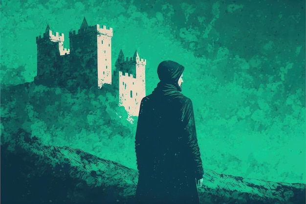 Mann im Schloss Mann, der das mysteriöse verlassene Schloss mit grünem Himmel im Hintergrund betrachtet Illustrationsmalerei im digitalen Kunststil
