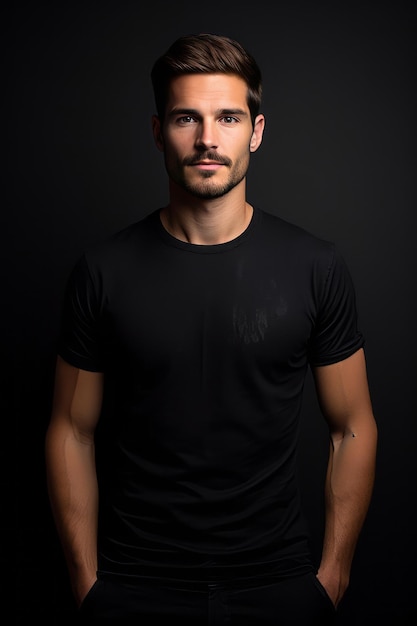 Mann im schwarzen T-Shirt isoliert auf schwarzem Hintergrund, AI generiert