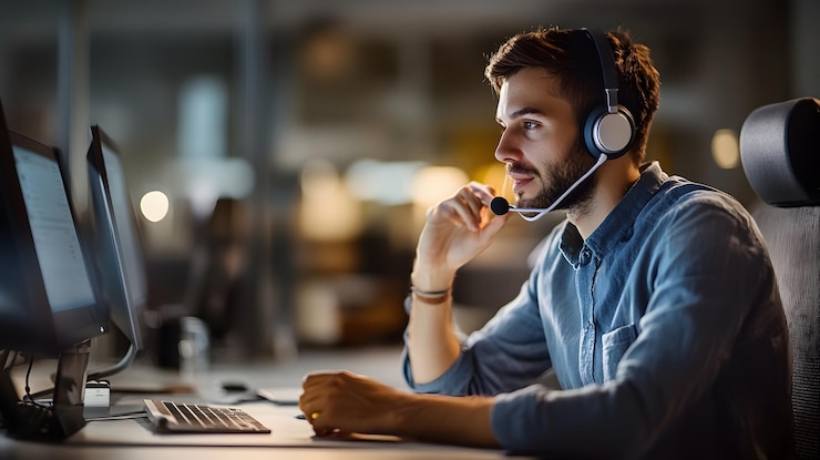 Mann in blauem Hemd benutzt ein Headset, während er am Computer arbeitet