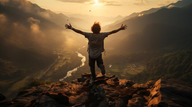 Mann in den Bergen bei Sonnenuntergang