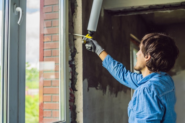 Mann in einem blauen Hemd macht Fensterinstallation. Verwendung eines Montageschaums