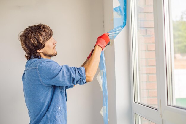 Mann in einem blauen Hemd macht Fensterinstallation.