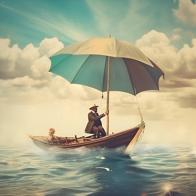 Mann in einem Boot mit einem Regenschirm im Meer 3D-Rendering