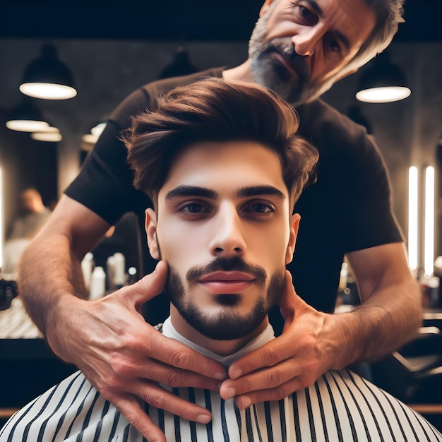 Mann in einem Friseursalon, der sich die Haare schneidet