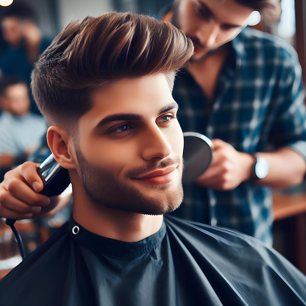 Mann in einem Friseursalon, der sich die Haare schneidet