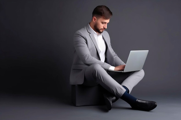 Mann in einem grauen Anzug mit Laptop auf den Knien auf grauem Hintergrund