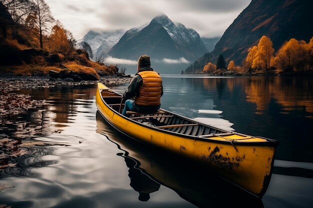 Foto mann in einem kanu auf einem see mit einem herbst-hintergrund