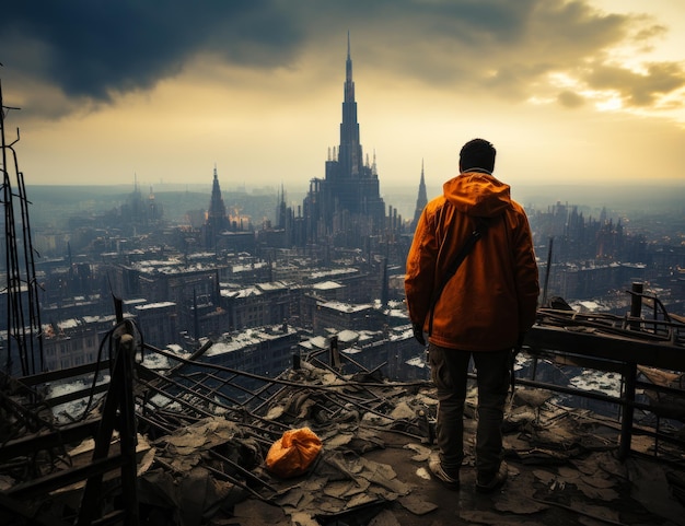 Mann in einem orangefarbenen Blazer steht mit dem Rücken zur Kamera. Mann steht auf der zerstörten Spitze des Gebäudes und blickt auf das trübe Stadtbild. Generative KI