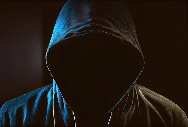 Mann in einer schwarzen Kapuze, die mit Schatten bedeckt ist Unerkennbarer Verbrecher ohne Gesicht Menschen und kriminelles Konzept Generative KI