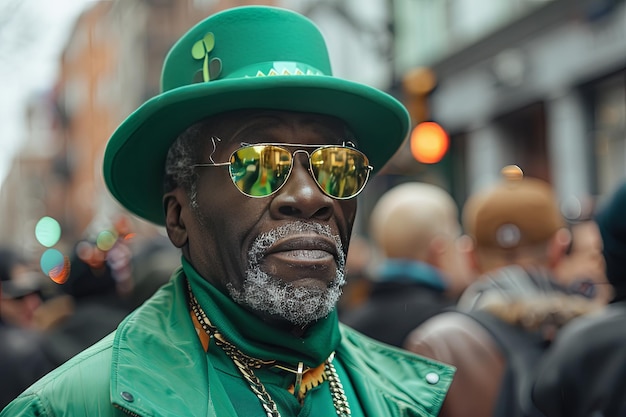 Mann in Grün bei der St. Patrick's Day Parade in Irish Town