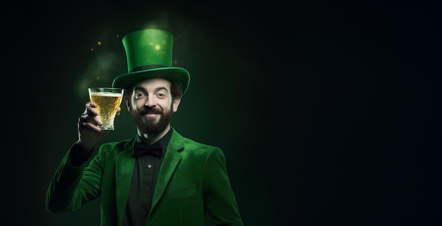 Mann in grünem Anzug und Hut feiert St. Patrick mit Bier