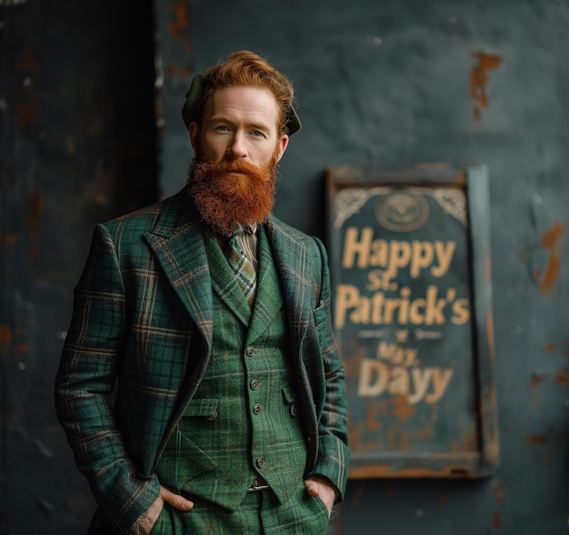 Mann in grüner traditioneller irischer Kleidung hält das Schild "Glücklicher St. Patrick's Day".