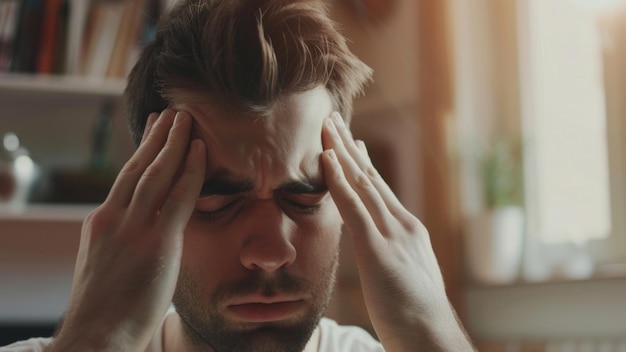 Mann in Not mit Händen auf den Schläfen, überwältigt von Stress oder Kopfschmerzen