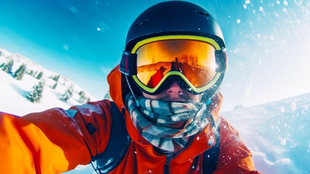 Mann in orangefarbener Jacke und Schutzbrille auf schneebedecktem Berg Generative KI