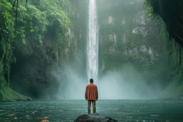 Mann in roten Shorts, der nach dem Wasserfall reicht von Raquel